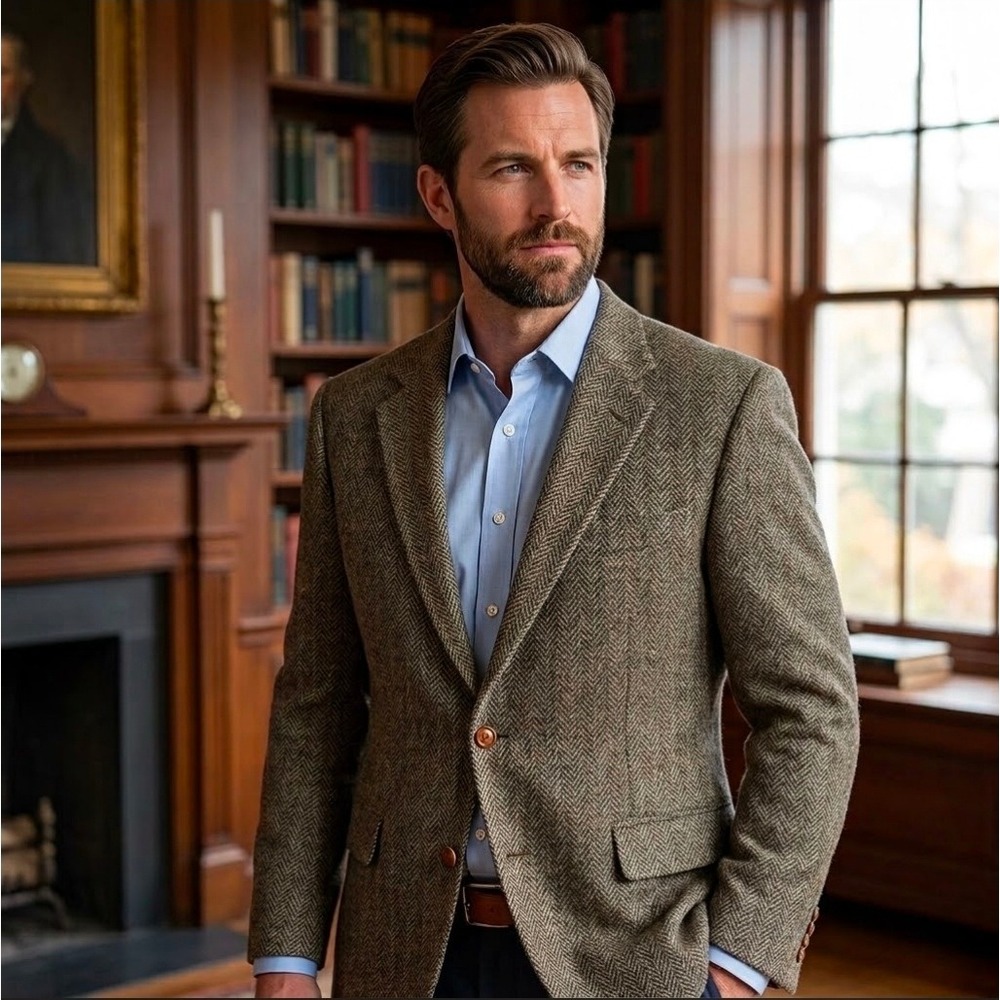 Gant Harris Tweed Vintage Mens Brown Herringbone Wool Sport Coat 46L Made in USA